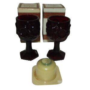 Avon 1876 Cape Cod Ruby Red Glass Wine Goblet Lot of 2 (4.5") box (1 candle)